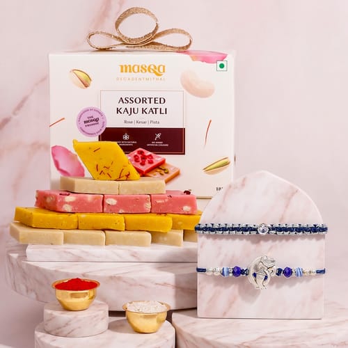 Om Solitaire Rakhi & Assorted Kaju Katli Gift Box