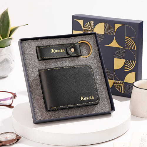 Personalized Black Wallet & Keychain Set for Him