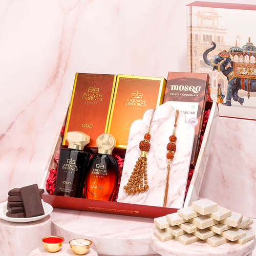 Rudraksha And Pearlwork Bhaiya Bhabhi Rakhi Hamper