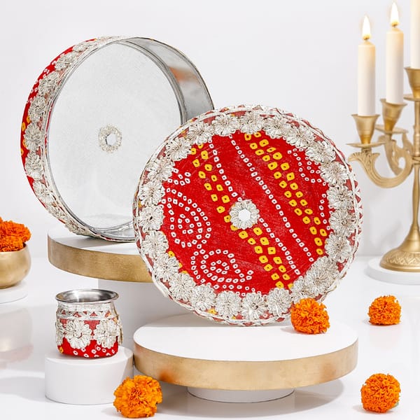 Exquisite Red Bandhani Karwa Chauth Thali Set