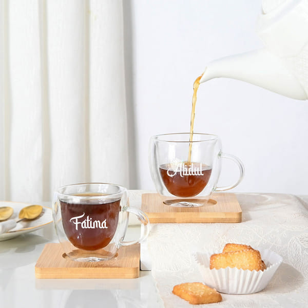 Personalized Thermal Espresso Cups With Bamboo Coasters - Set Of 2
