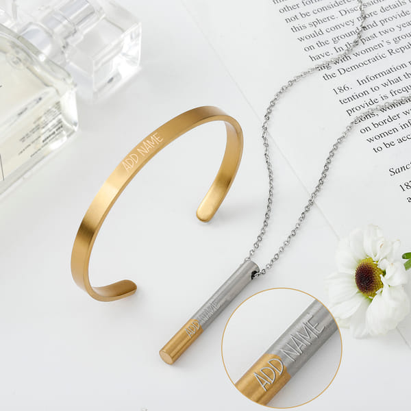 Shinning Grace - Personalized Two Tone Pendant Chain And Cuff Bracelet Set