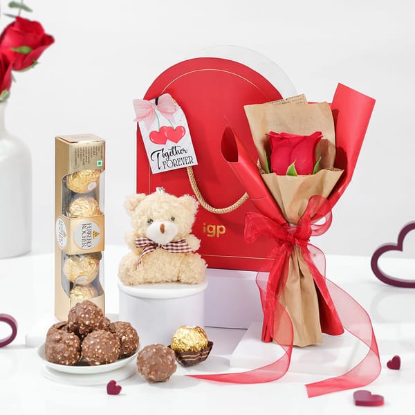 Valentine's Day Gift Hamper - Chocolates, Teddy, And Rose
