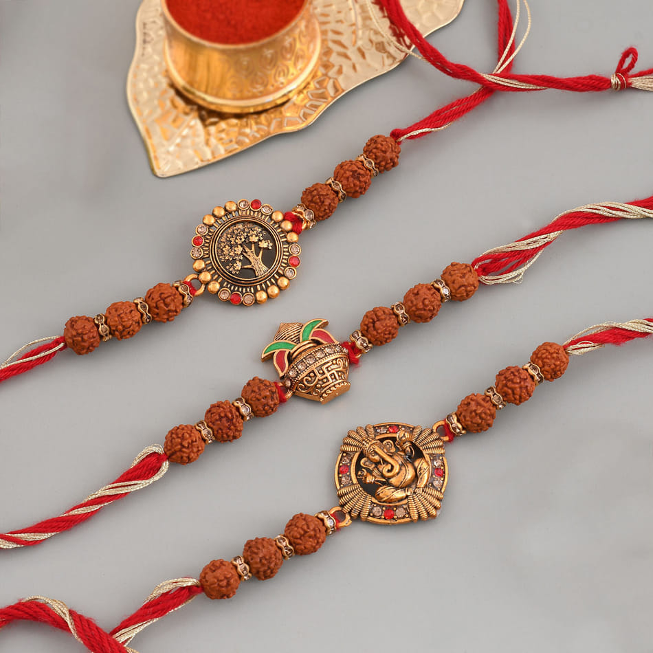 KARTIK Designer Rudraksh Rakhi Set – Pack Of 6 Dora Rakhi With Roli & Chawal For Raksha Bandhan