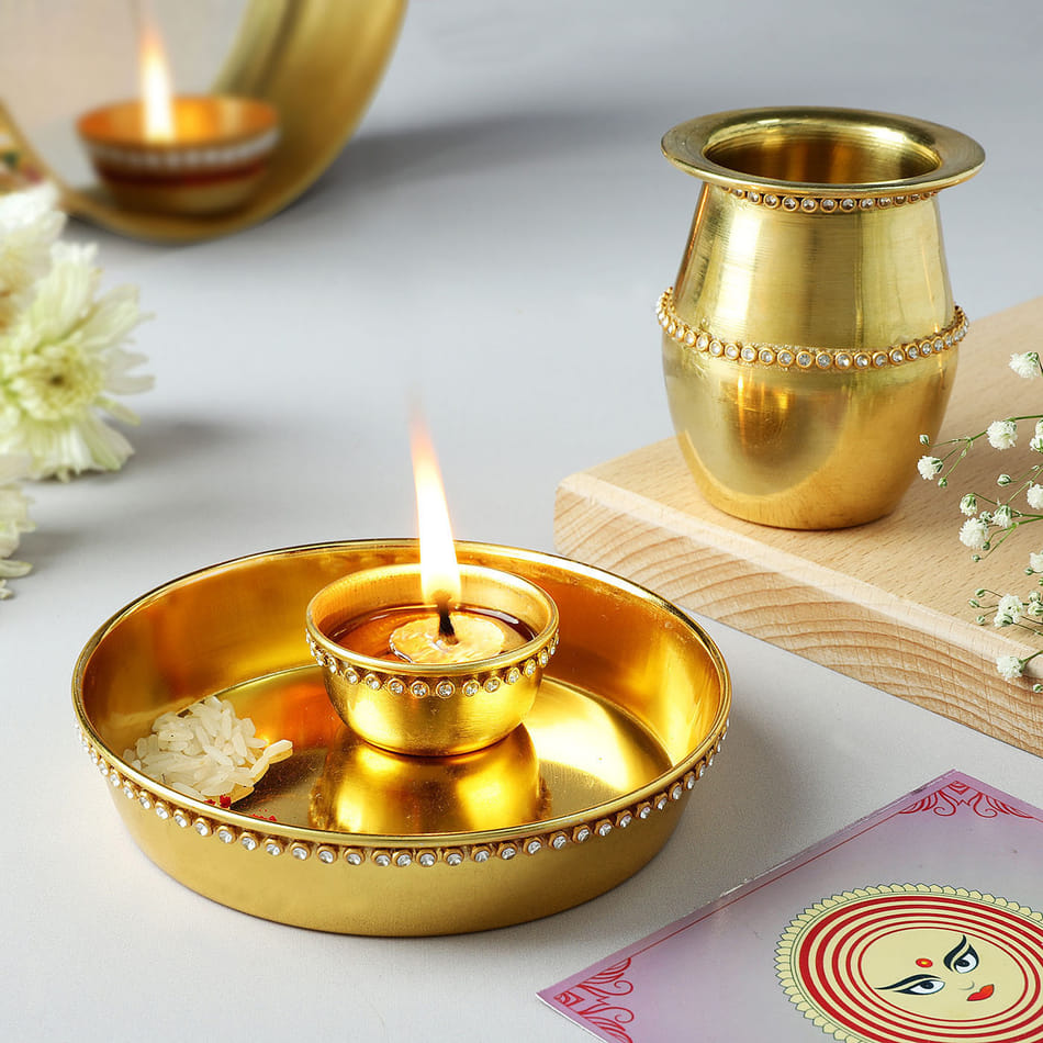 Gold Plated Pooja Thali and Brass Karwa Set: Gift/Send Karwa
