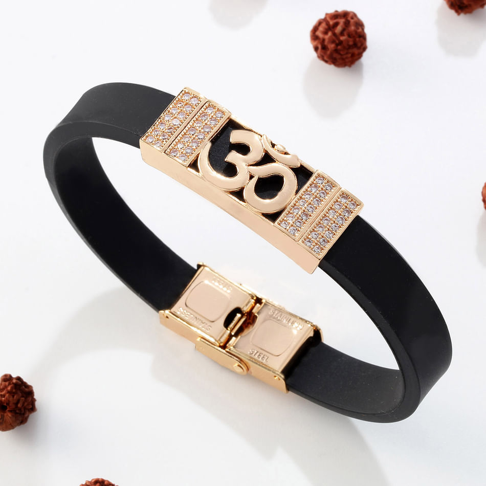 Buy/Send Om Symbol CZ Studded Men's Bracelet Rose Gold Online