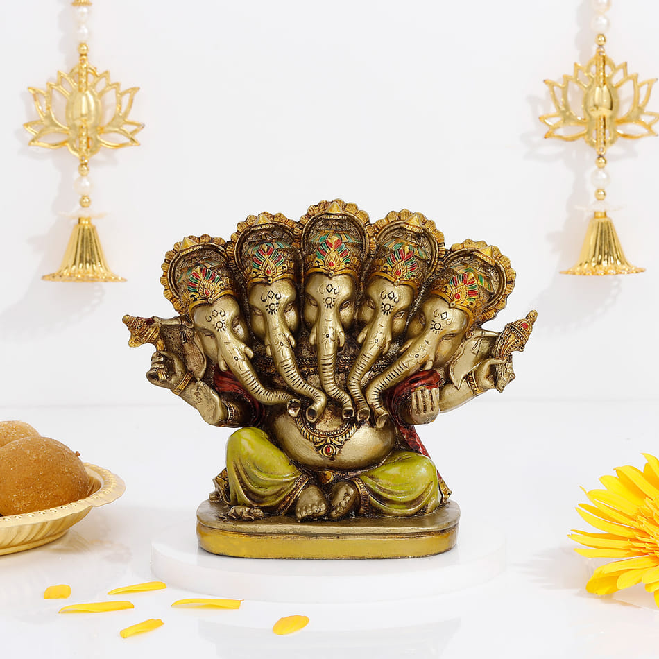 Buy/Send Panchmukhi Ganesha Idol in Antique Gold Finish Online