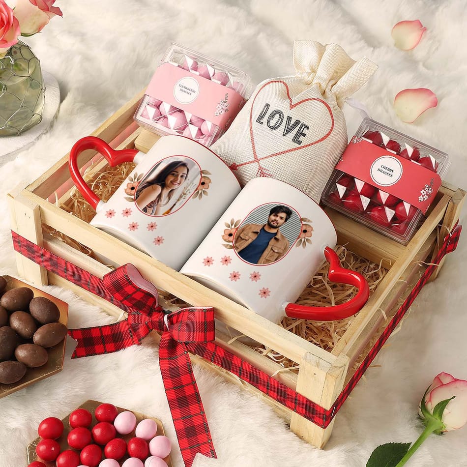 Personalized Anniversary Gift Tray With Sweet Treats And Mugs