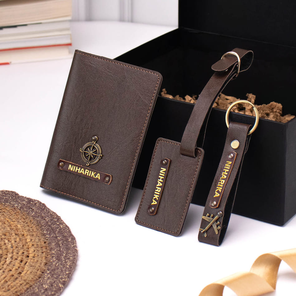Personalized Premium Passport Cover With Luggage Tag And Keychain Brown
