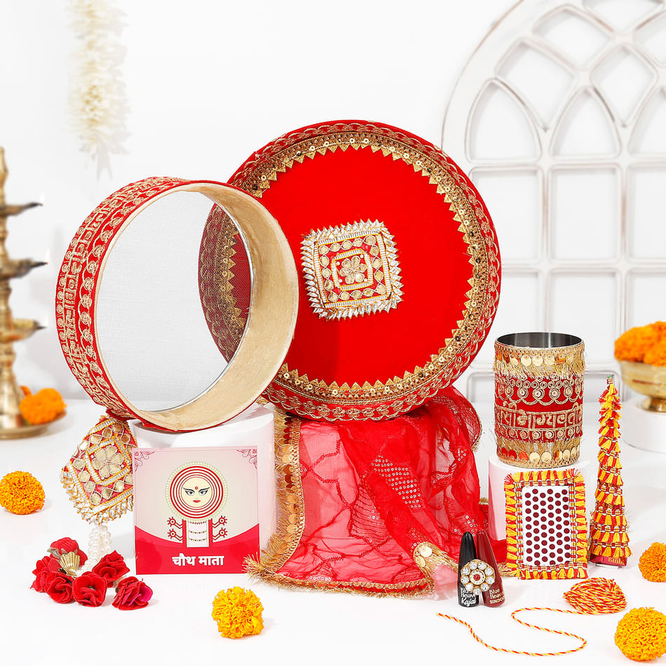 Buy/Send Red Beautifully Embroidered Karwa Chauth Pooja Thali Set