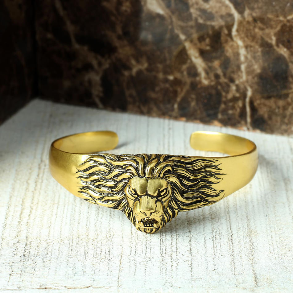 Buy/Send Roaring Lion Engraved Oxidised Gold Finish Men's Bracelet