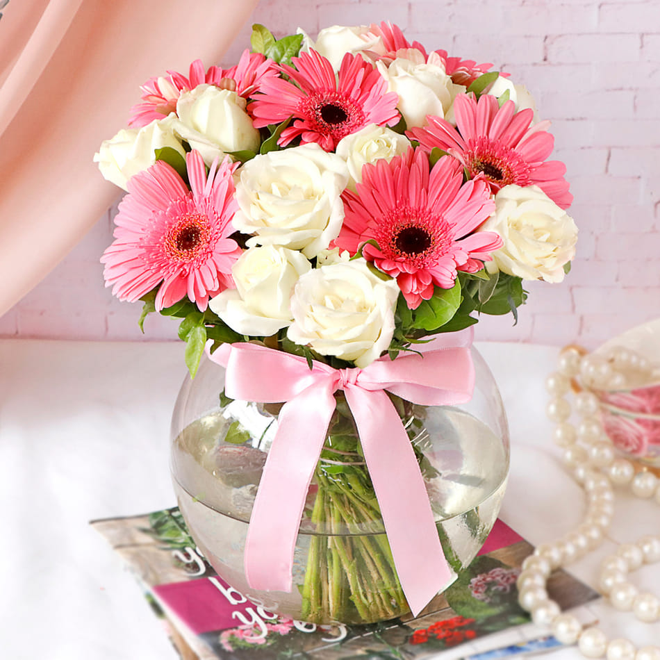 White Roses Pink Gerberas In Round Vase