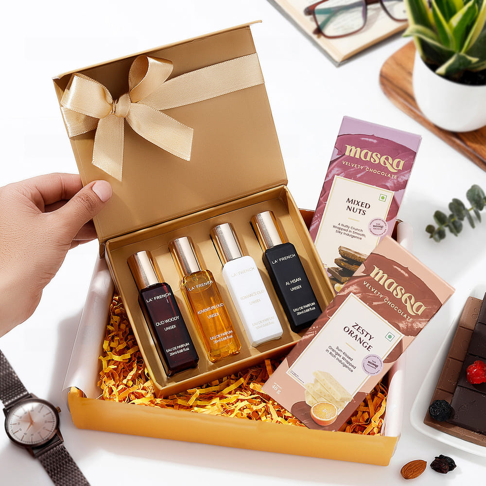 Buy/Send Gourmet Chocolate & Perfume Essence Gift Set Online | IGP