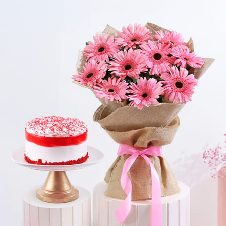 Blissful Red Velvet Cake With Pink Gerberas Bouquet-image-20