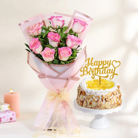 Blush Pink Roses & Pineapple Cake Birthday Combo