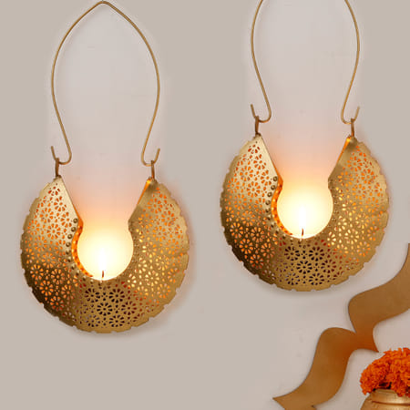 Chandrakala Design Hanging Tea Light Holder With Candle - Set Of 2-image-10