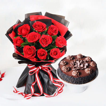 Decadent Chocolate Truffle Cake And Red Roses Bouquet Combo-picture-24