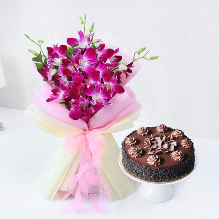Decadent Chocolate Truffle Cake With Orchids Bouquet Combo-picture-21