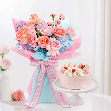 Delightful Strawberry Cake And Roses Gift Combo