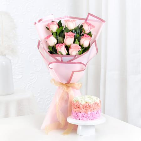 Enchanting Bliss - Pink Roses Bouquet With Mini Cake-picture-39