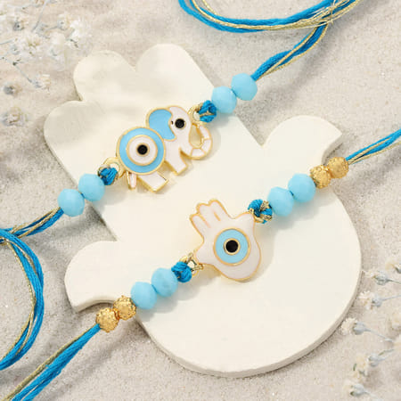 Evil Eye Elephant and Hamsa Rakhi Set Of 2-picture-39