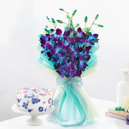 Floral Bliss Cake And Blue Orchids Bouquet Combo-picture-20