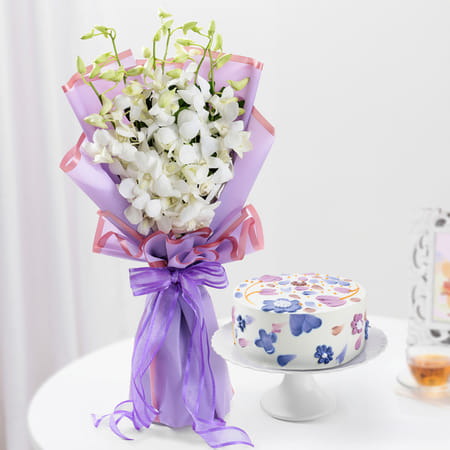 Floral Bliss Cake And Charming Orchids Bouquet Combo-picture-28