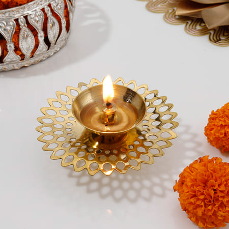 Glowing Floral Metal Diya - Assorted - Single Piece-picture-29