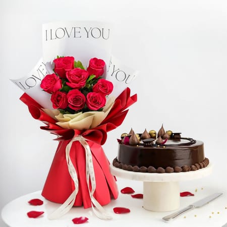 I Love You Rose Bouquet And Chocolate Cake Gift Combo