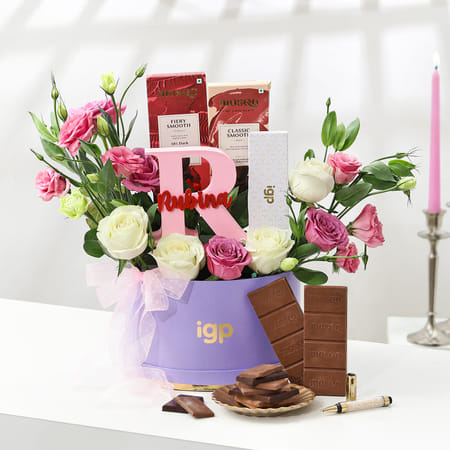 Lavender themed gift box with chocolates and flowers