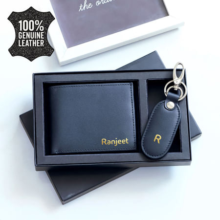 Buy/Send Leather Wallet And Keychain Set Personalized Black