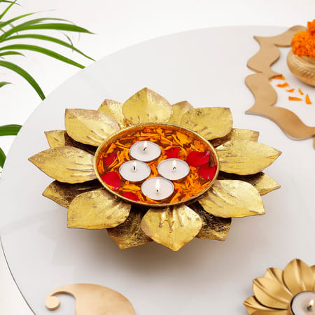Lotus Glow Metal Urli With Tea Light Candles-image-4