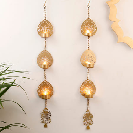 Lotus With Ganesha Wall Hanging - Tea Light Holder With Candle - Set Of 2-image-13