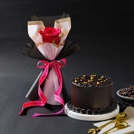 Mini Truffle Cake & Single Red Rose Bouquet-image-22