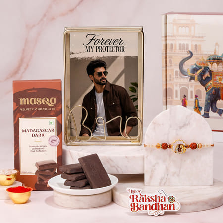 Personalized Bro Frame and Om Rudraksha Rakhi Hamper-picture-36