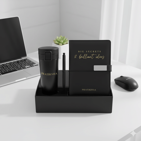 Personalized Sleek Black Bottle & Diary Gift Set
