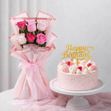Pink Roses Bouquet and Pink Delight Birthday Cake-picture-37