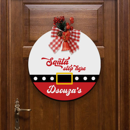 Santa Stop Here Personalized Wooden Door Sign With Bow