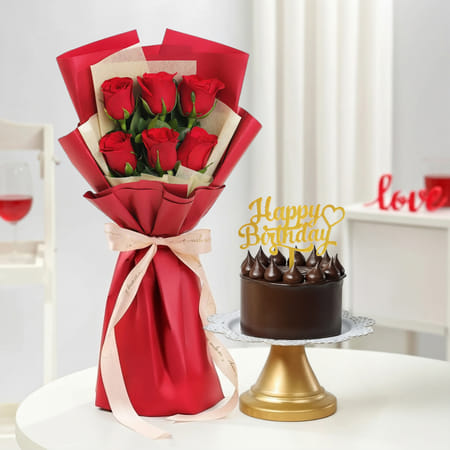 Scarlet Roses & Truffle Ganache Cake Birthday Combo-picture-22