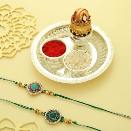 Set of 2 Semi Precious Jade Stone Rakhi with Silver Plated Puja Thali-image-17