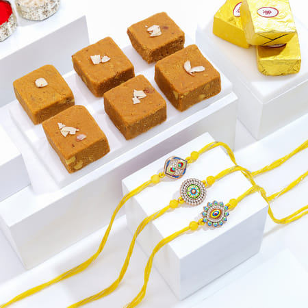 Sparkling Evil-Eye Rakhi Set Of 3 With Chana Badam Burfi-image-4