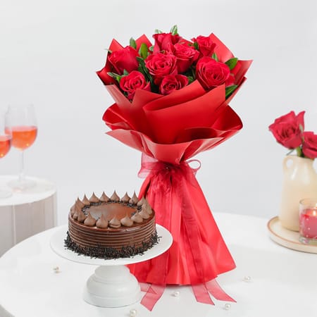 Valentine's Day Romace Blooms And Truffle Cake