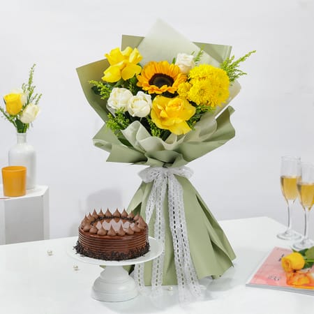 Valentine's Day Sunshine Blooms And Truffle Cake Combo