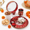 Alluring Swastik Karwa Chauth Red Pooja Thali Hamper