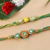 Gift Beaded Rakhi Set With Metal Bag of Kaju & Silver Roli Chawal Container