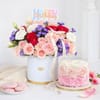 Birthday Floral Arrangement & Vanilla Rose Cake Combo Online