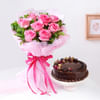 Blissful Chocolate Cake With Blooming Pink Roses Bouquet Online