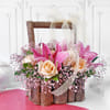 Gift Bouquet of Roses & Lilies in Wooden Basket