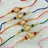 Gift Colorful Velvet Beads and Gota Patti Set of Five Rakhis with Doda Barfi