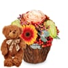 Flower arrangement 'Happy Surprise' with teddy bear 'Bruno'